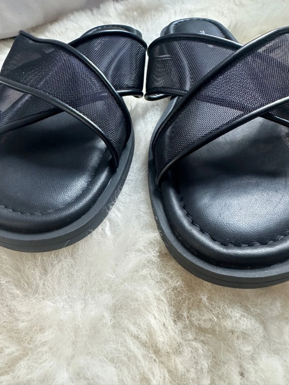 Rag & Bone Geo Mesh Cross Strap Sandals Black Slide Leather Trim Cushioned NEW